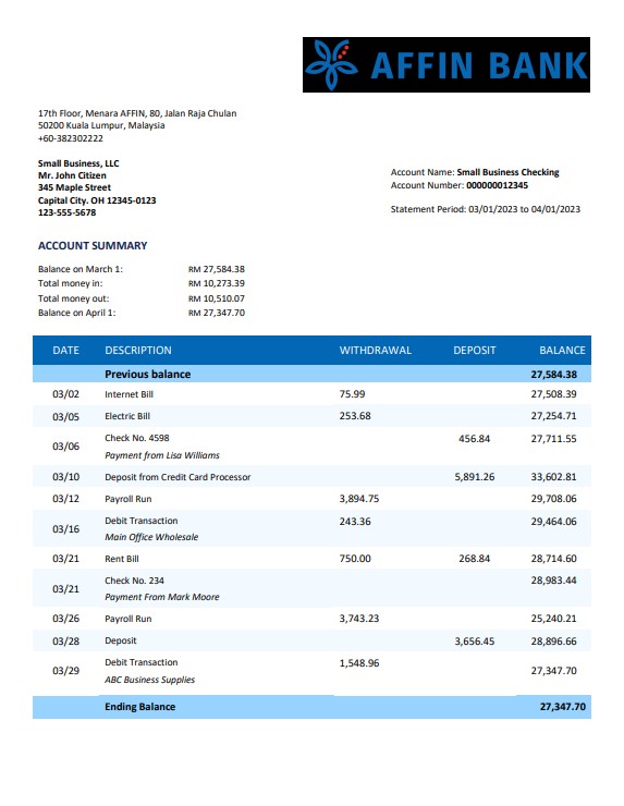 Modèle Word et PDF de relevé de compte courant de la société Affin Bank